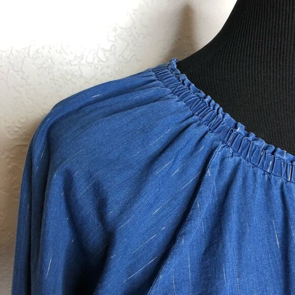 WHBM blue demin metallic striped ruffle trim top size Medium - Picture 6 of 12